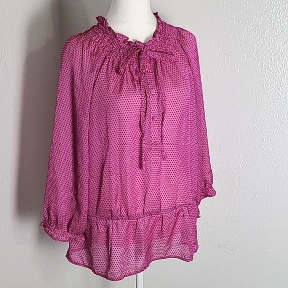 LOFT Pink & Black Polka-dot Sheer Blouse, Ruffled Hemline & Collar, Size Medium - Picture 2 of 11